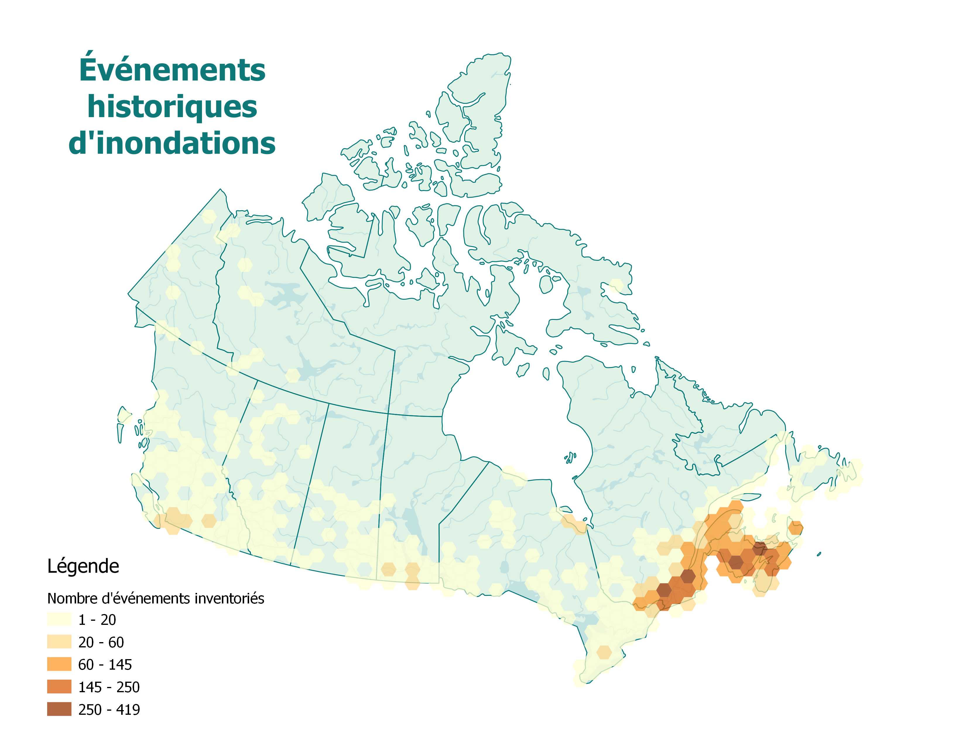 Carte du nombre d’événements historiques d’inondations inventoriés au Canada. Plus de 60 événements historiques d’inondations ont été inventoriés au Québec au sud du Saint-Laurent et dans les provinces maritimes. La couleur pâle indique les zones où il y a eu peu d’événements et la couleur devient plus foncée pour montrer l’augmentation du nombre d’événements.