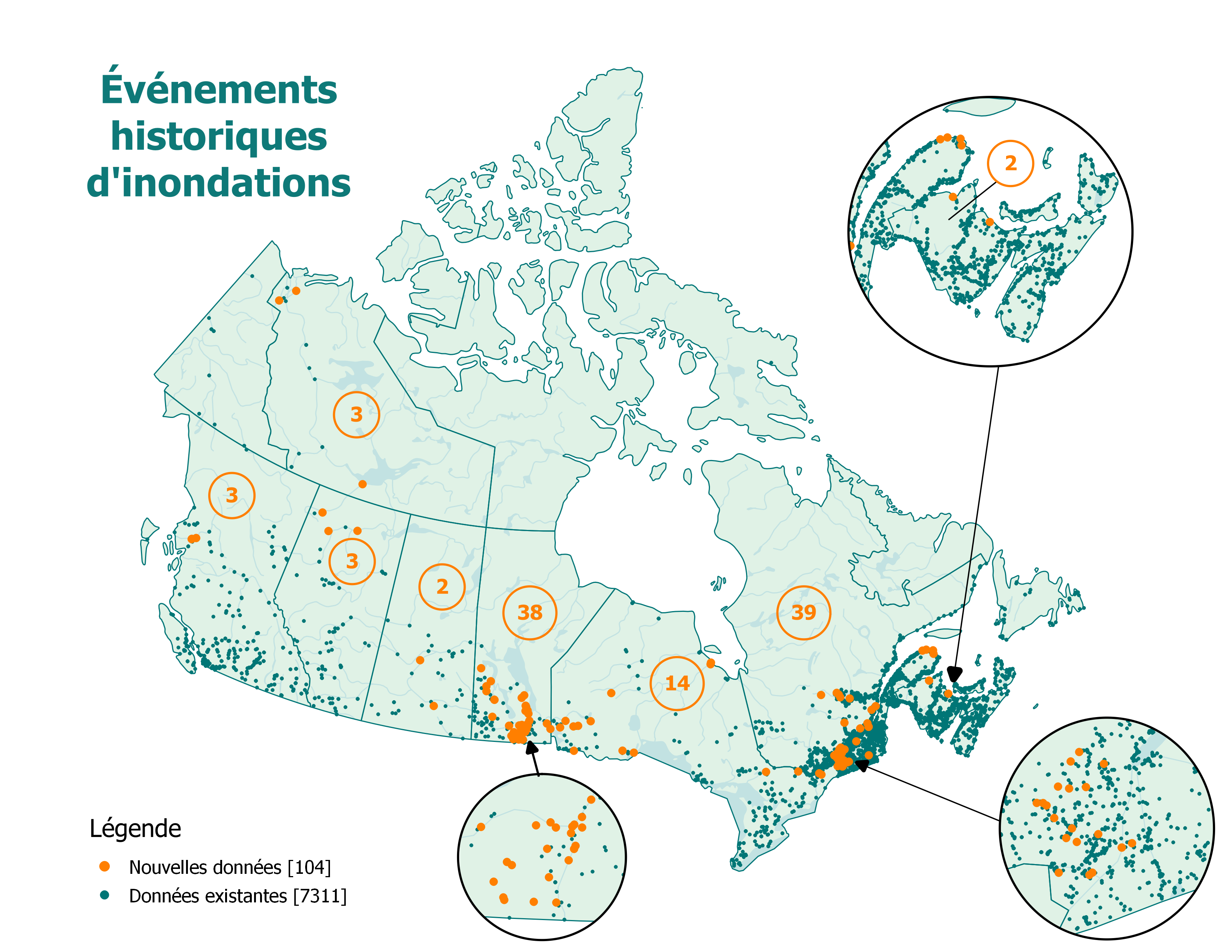 Carte des données des événements historiques d’inondations au Canada. Les points foncés montrent les 7 311 données existantes et les 104 points orange montrent les nouvelles données. Au total, 2 nouvelles données ont été ajoutées au Nouveau-Brunswick et en Saskatchewan, 3 en Alberta, en Colombie-Britannique et aux Territoires du Nord-Ouest, 14 en Ontario, 38 au Manitoba et 39 au Québec. 