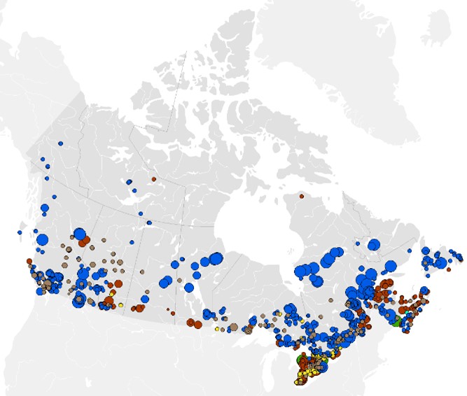 Une carte du Canada montrant les minéraux et l'exploitation minière