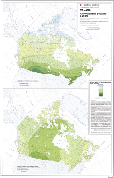 carte du Canada montrant le rayonnement solaire annuel