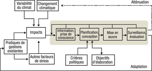FIGURE 1 : Cadre conceptuel indiquant (dans la partie ombrée) les étapes pour planifier l'adaptation au changement et à la variabilité climatiques (tiré de Klein et al., 2006).