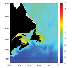 FIGURE 6 : Variabilité spatiale d'une onde de tempête à période de récurrence de 40 ans touchant la côte atlantique du Canada, basée sur une rétrospective des derniers 40 ans (Bernier et al., 2006)