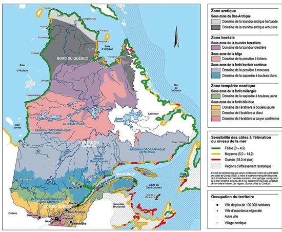 FIGURE 12 : Présentation des quatre sous-régions du Québec et d'une variété de caractéristiques d'intérêt quant à la sensibilité au changement climatique.