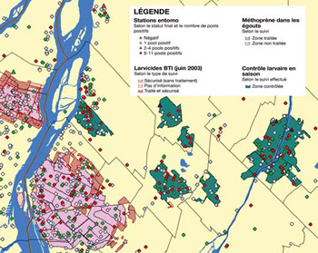 FIGURE 25 : Exemple de carte thématique provenant du système de surveillance en temps réel de l'Institut national de santé publique du Québec (Système intégré des données de vigie sanitaire-Virus du Nil occidental ou SIDVS-VNO. Elle présente divers traitements preventives d'insecticides (zones foncées) contre les larves des moustiques vecteurs du virus du Nil occidental sur la rive sud de Montréal, en 2003 (voir Gosselin et al., 2005).