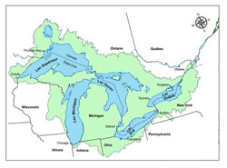 FIGURE 14 : Carte illustrant le bassin des Grands Lacs, les provinces et les États environnants et la frontière entre le Canada et les États-Unis.