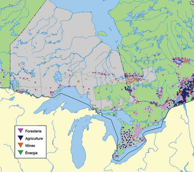 FIGURE 3 : Collectivités de l'Ontario tributaires  à plus de 30 p. 100 du secteur primaire (Ressources naturelles Canada, 2001).