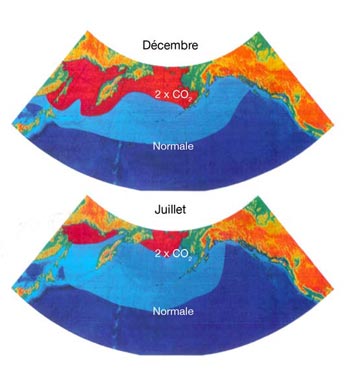 FIGURE 6 : Répartitions actuelle et prévue (dans un scénario de doublement de la concentration de CO2) des limites thermiques qui contrôlent la répartition du saumon rouge dans le nord de l'océan Pacifique durant les mois de décembre et juillet (Ressources naturelles Canada, 2000).