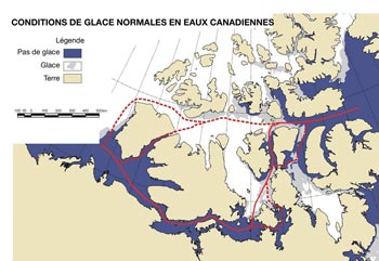 FIGURE 7 : Itinéraires principal (ligne pleine) et secondaire (ligne tiretée) dans le passage du Nord-Ouest, illustrés sur une carte des conditions glacielles moyennes au 3 septembre, entre 1971 à 2000 (gracieuseté de Humfrey Melling, Pêches et Océans Canada et Environnement Canada).