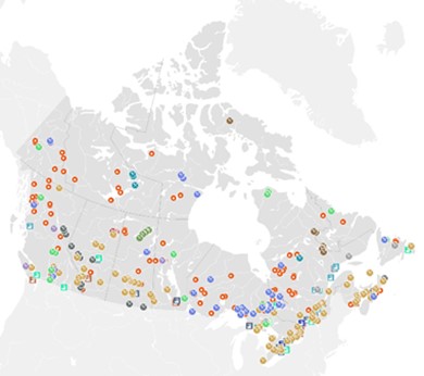 Une carte du Canada montrant les ressources et projets d'énergie propre (RPEP)