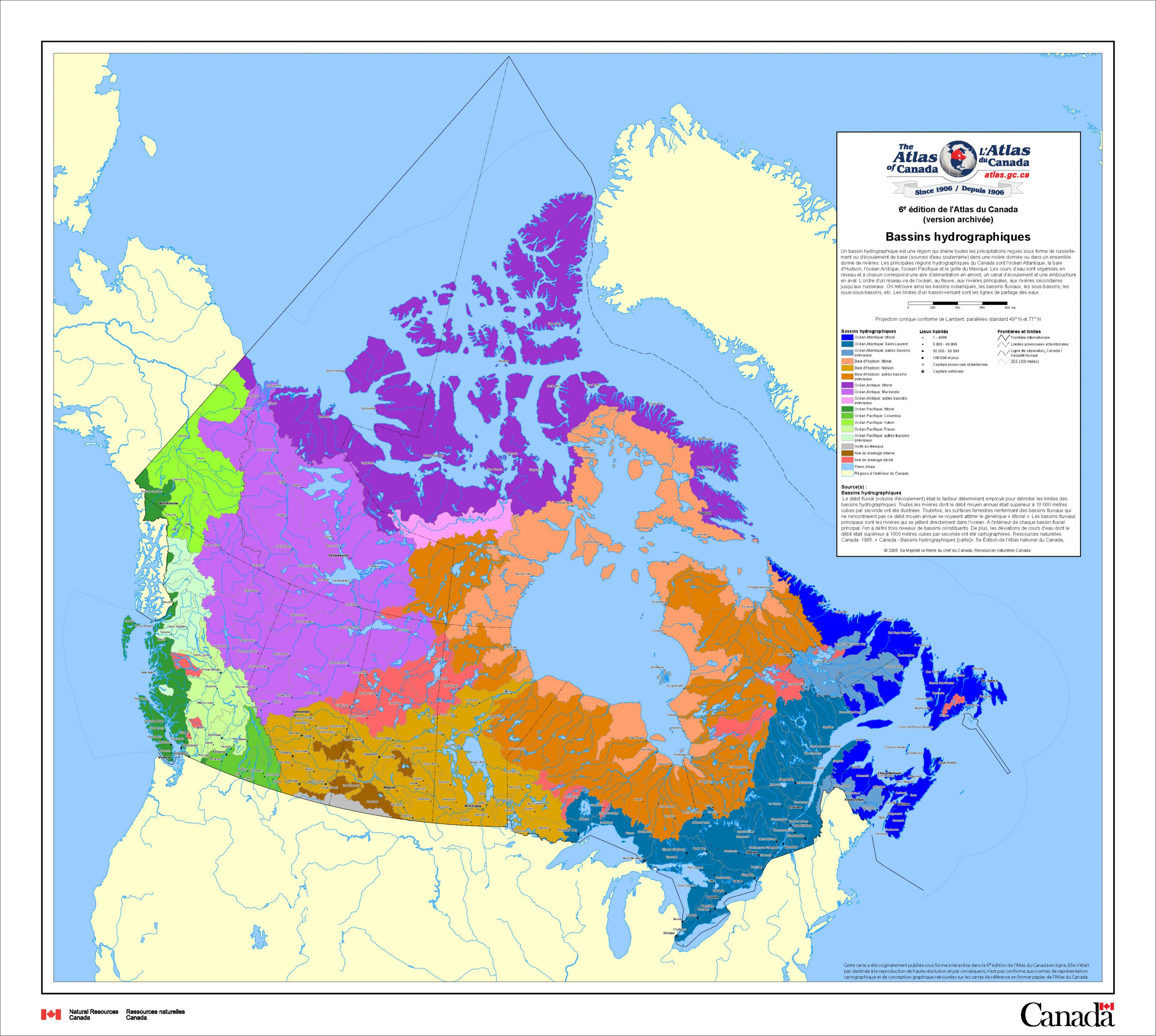 Une carte du Canada montrant les bassins hydrographiques