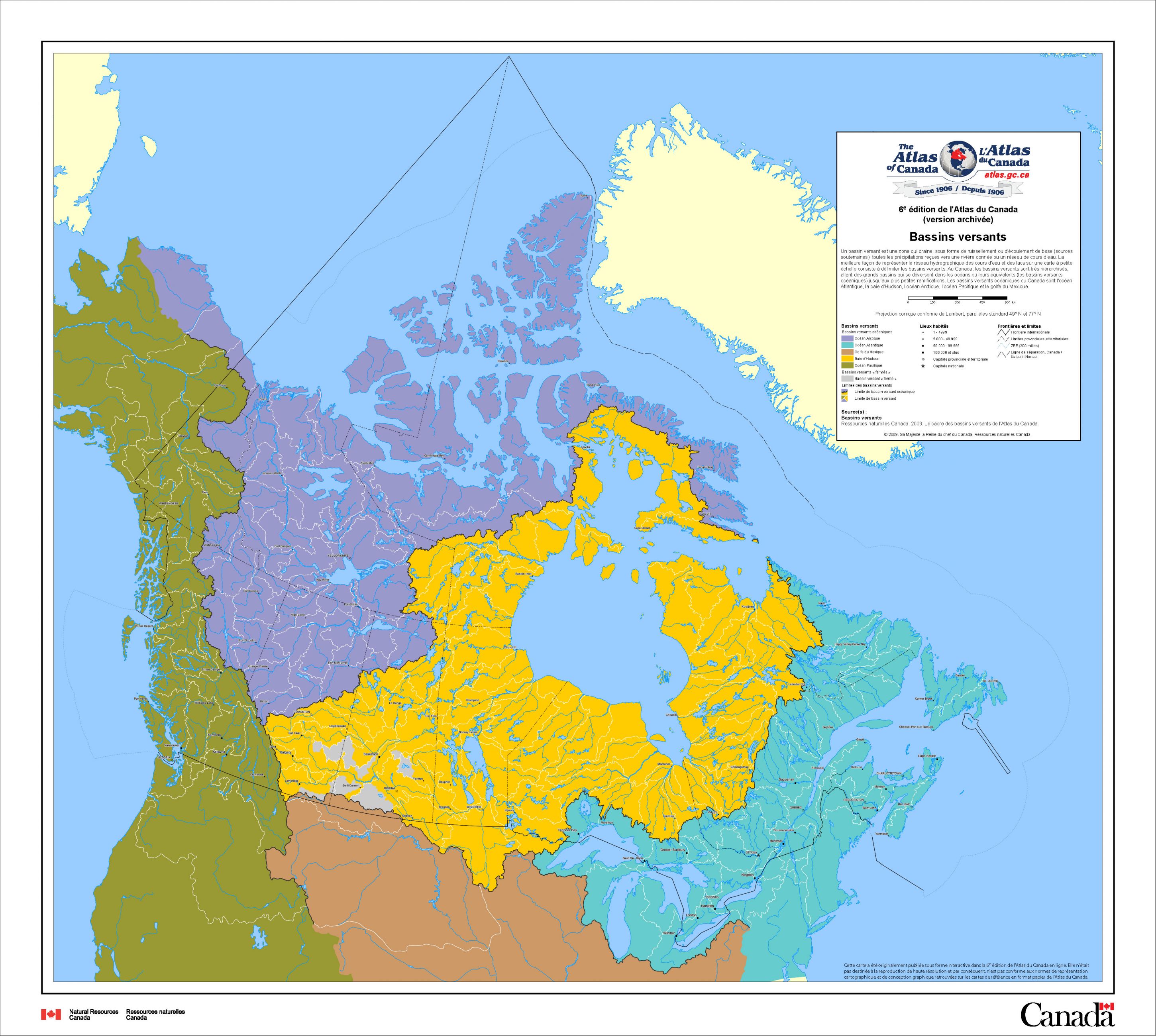 Une carte du Canada montrant les bassins versants