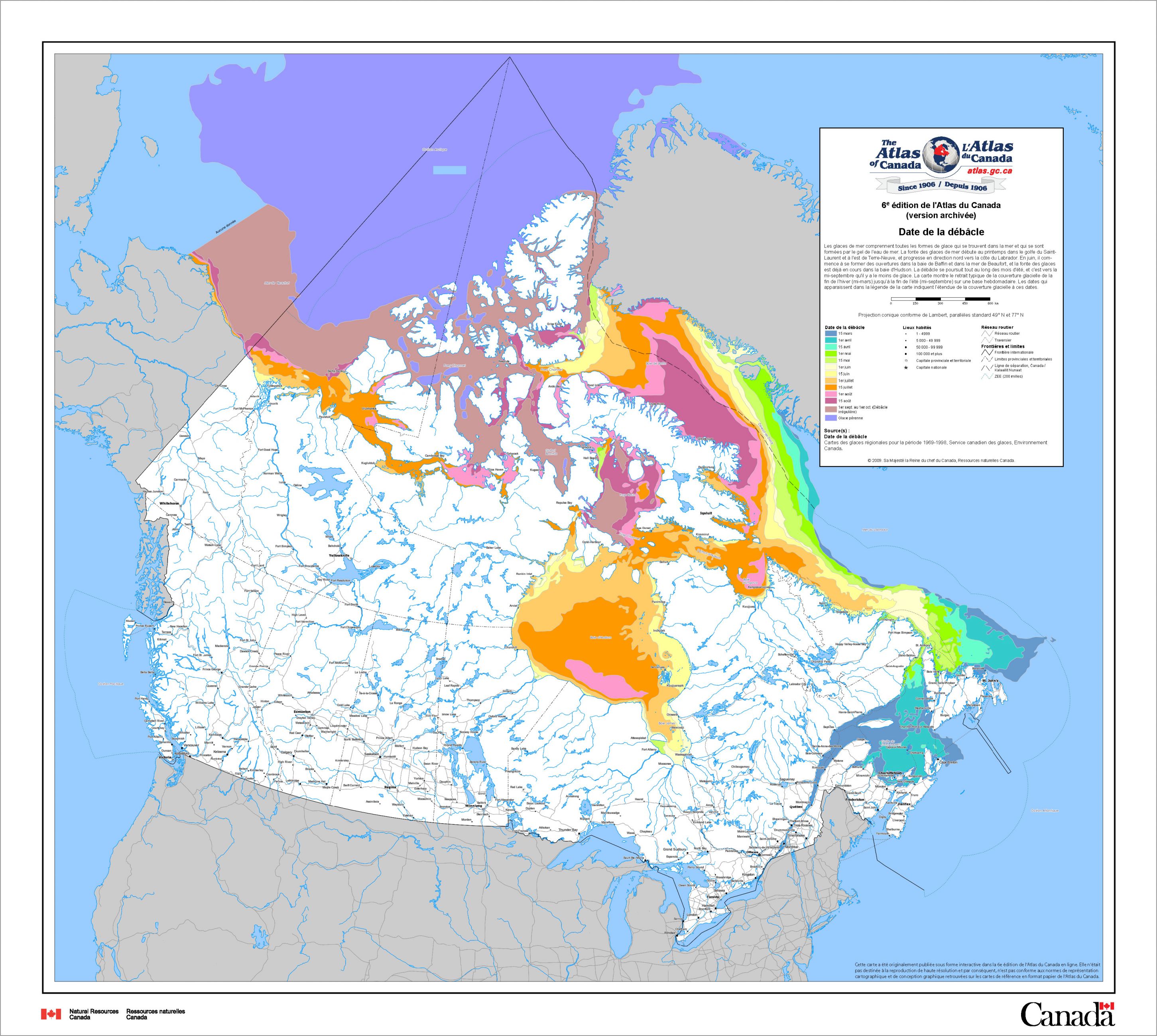 carte du Canada montrant la débâcle des zones de glace de mer