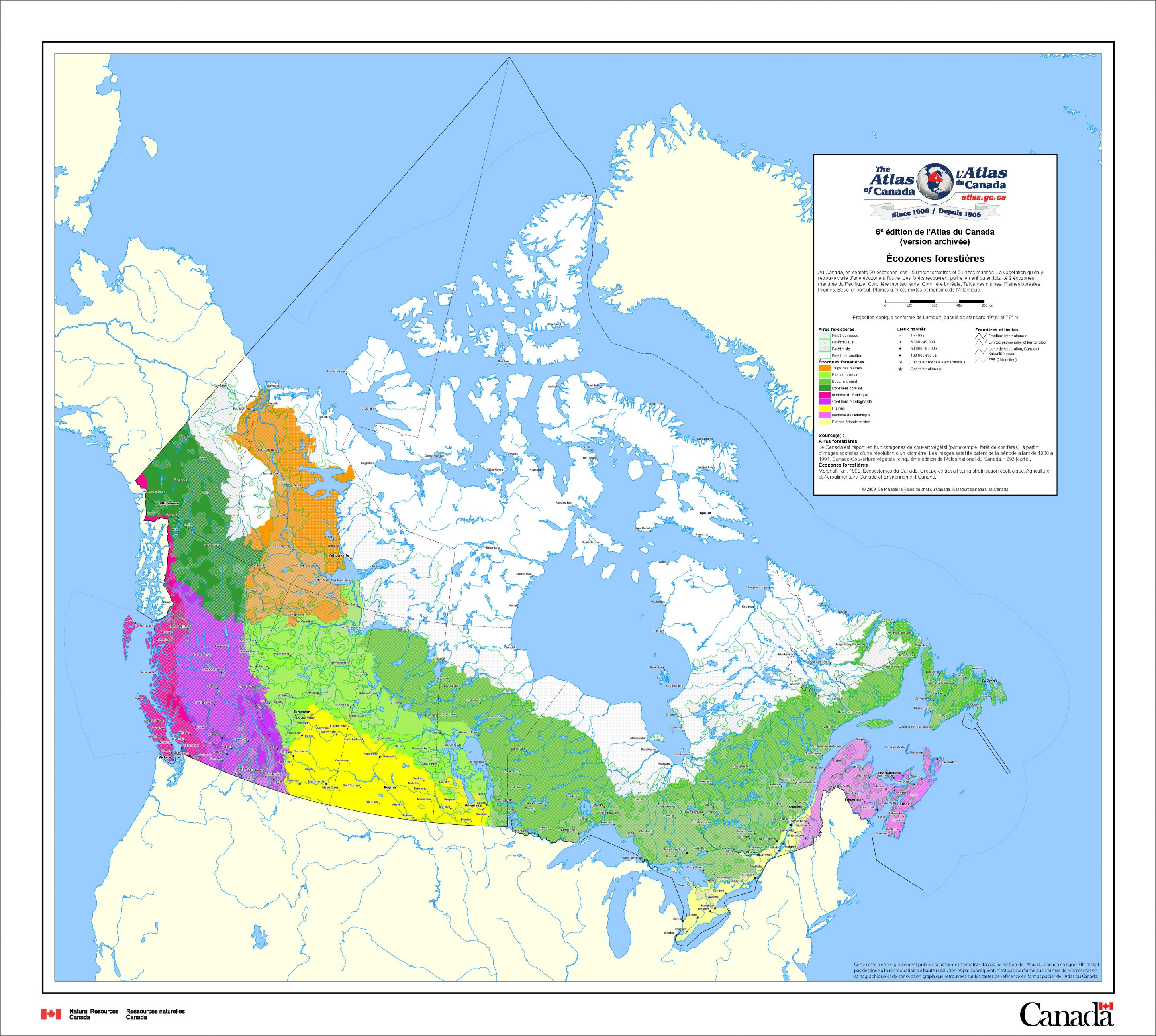 carte du Canada montrant les écozones forestières