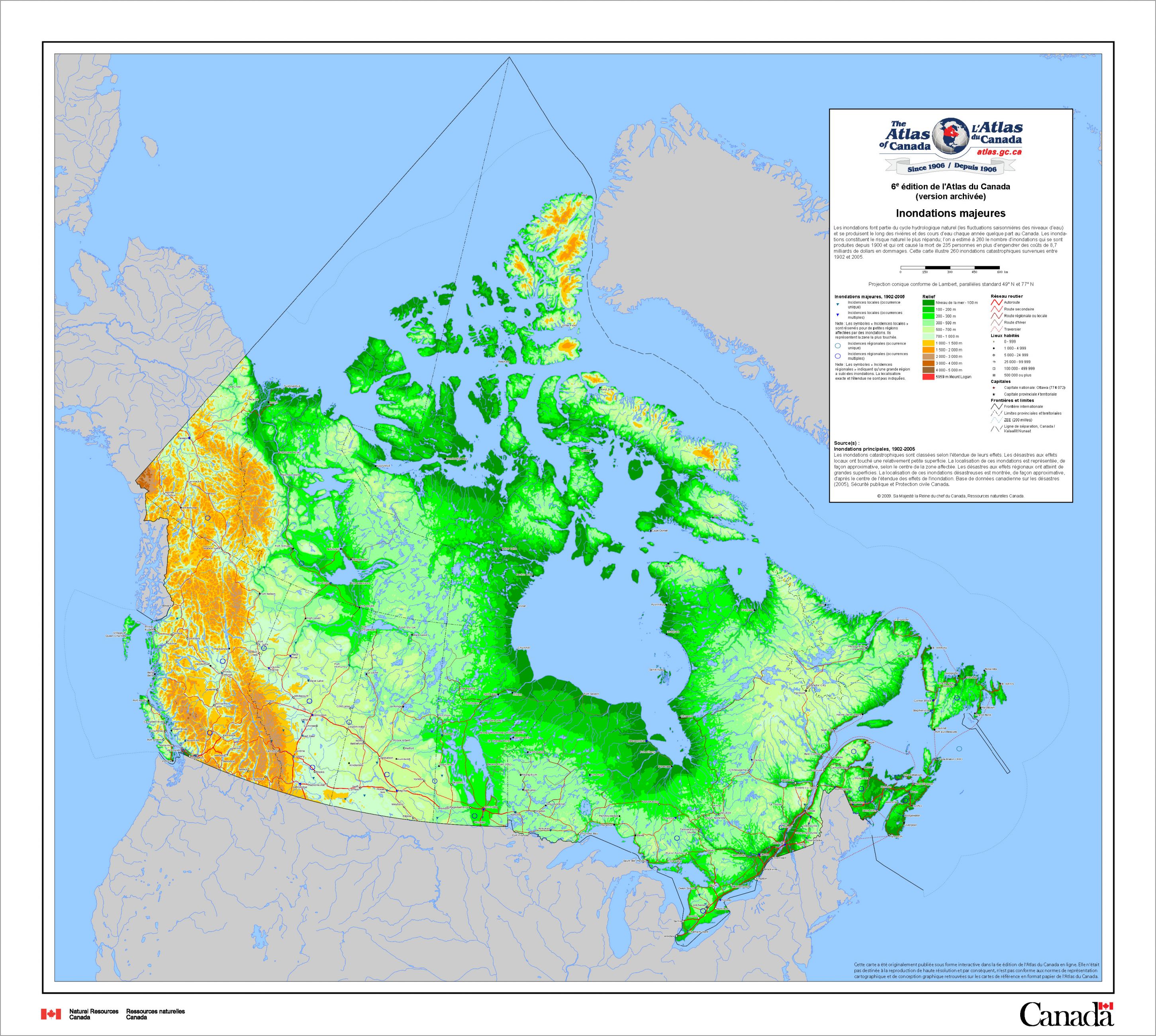 carte du Canada montrant les zones inondables