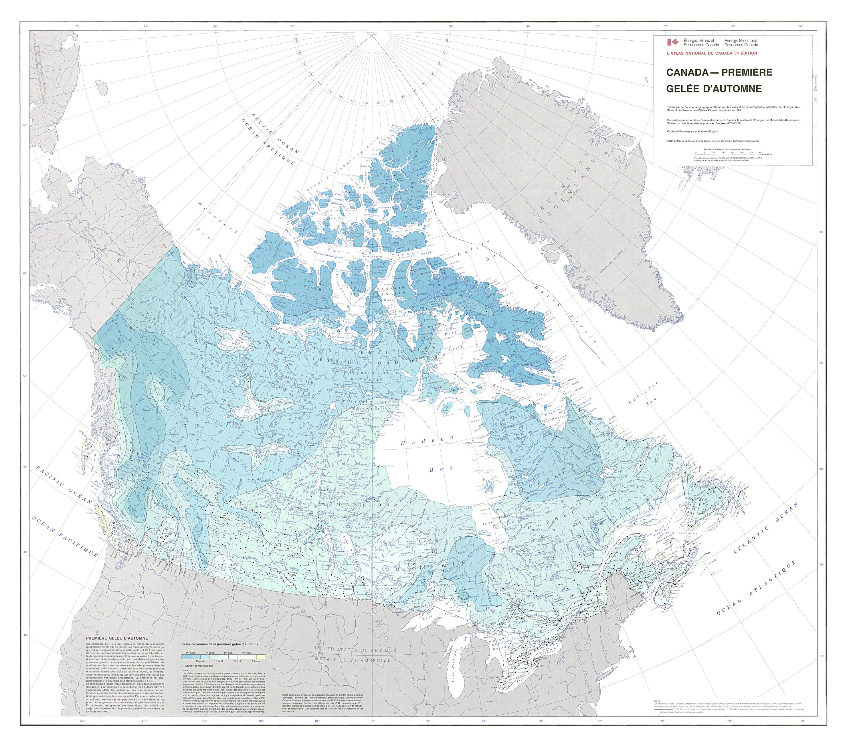 carte du Canada montrant les premières gelées