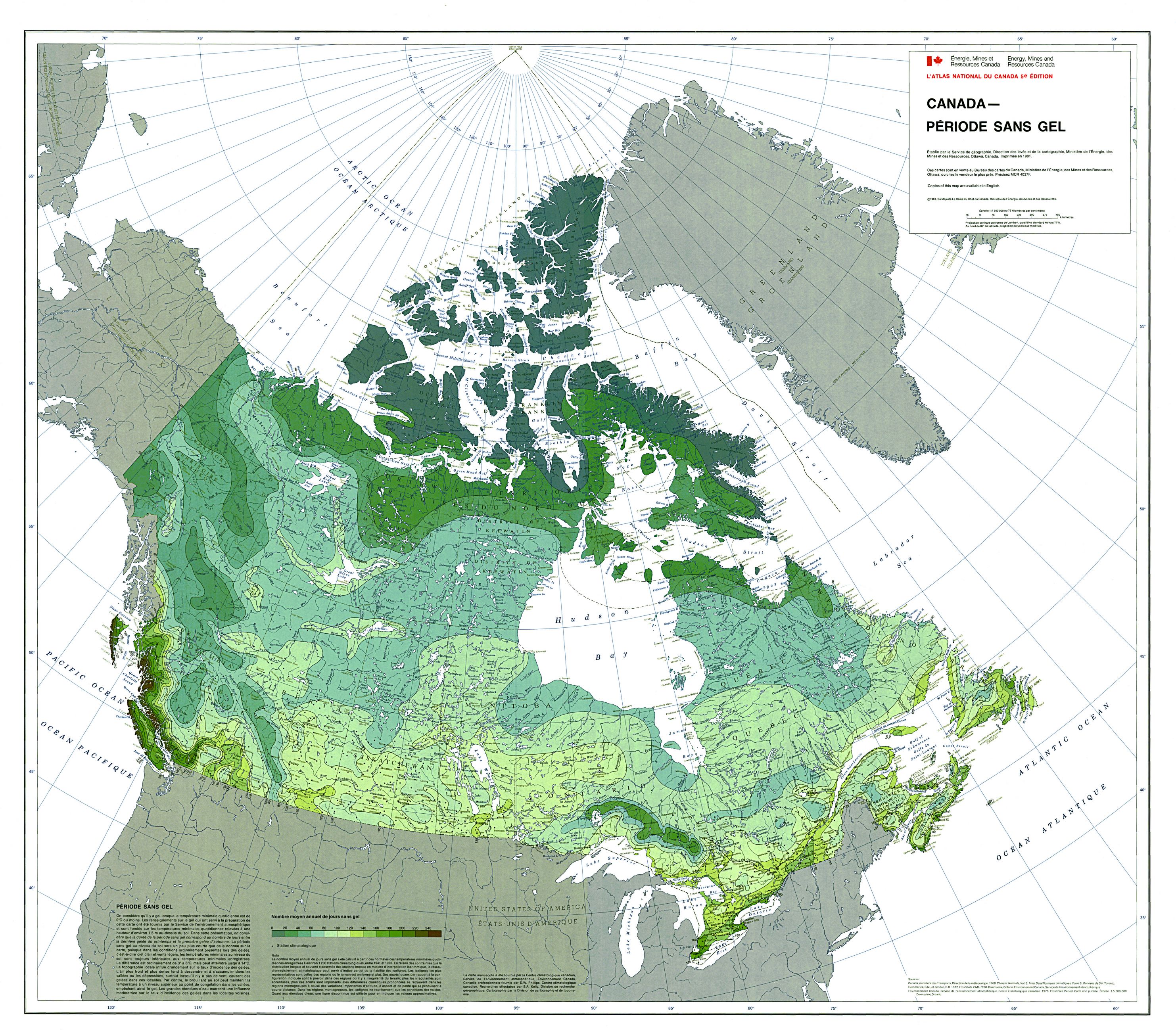 carte du Canada montrant la période sans gel