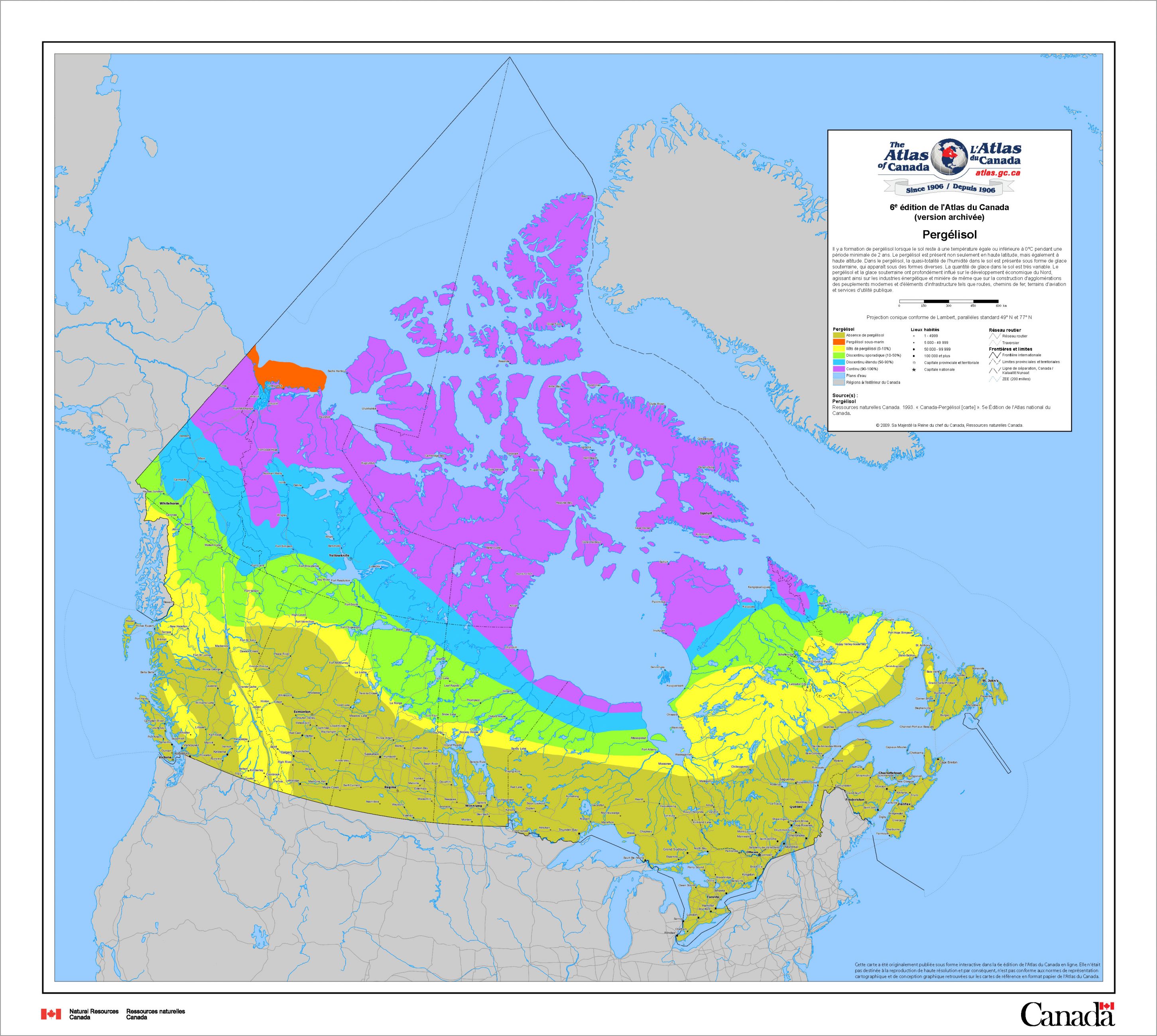 Une carte du Canada montrant le pergélisol