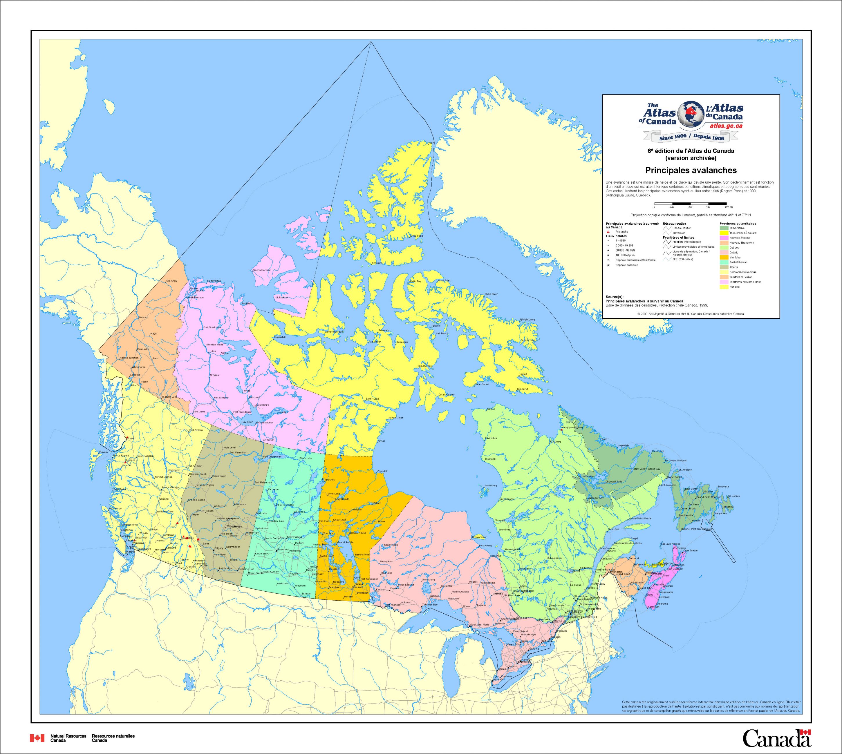 Carte du Canada montrant les zones d'avalanches