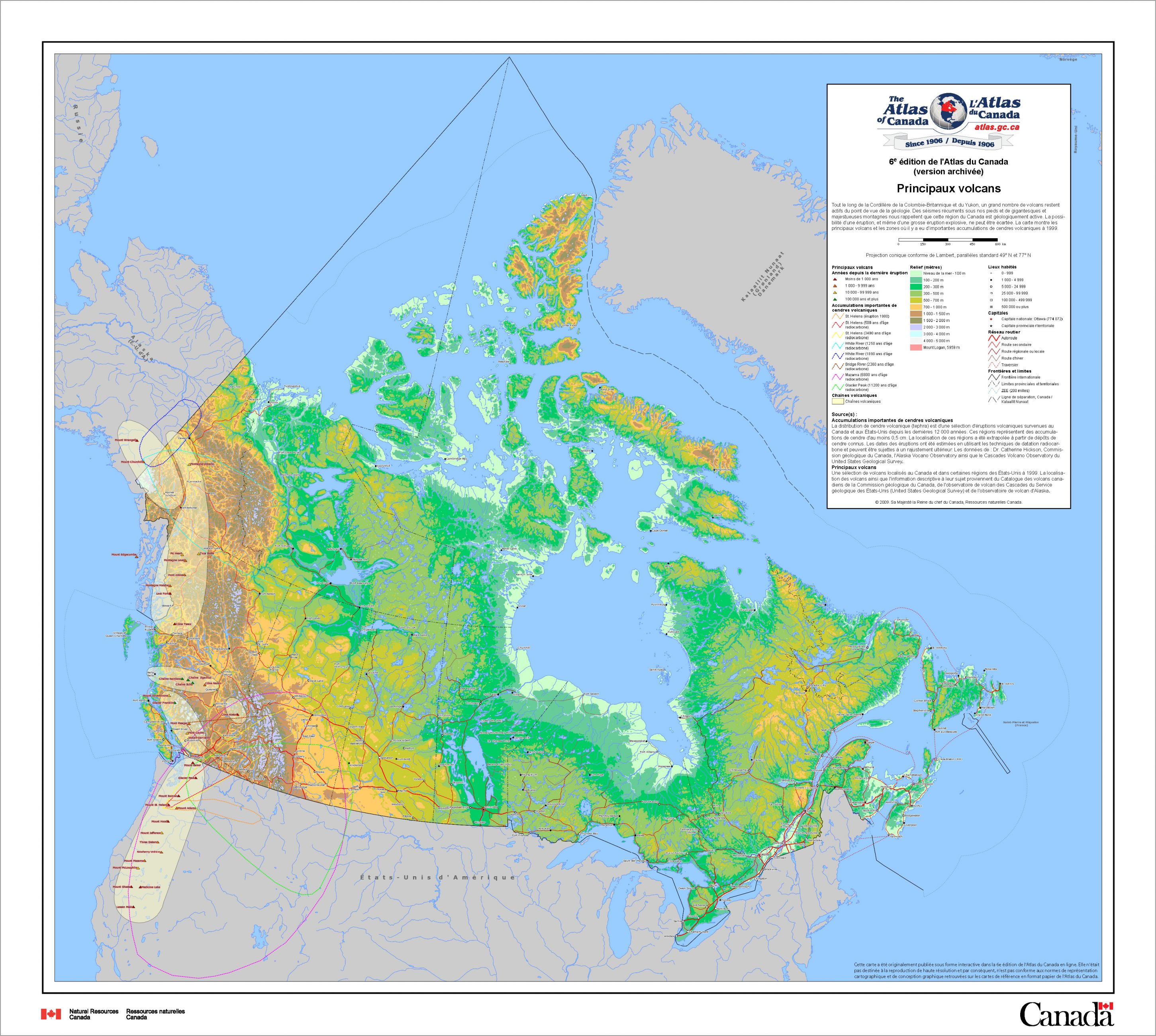 carte du Canada montrant les zones volcaniques