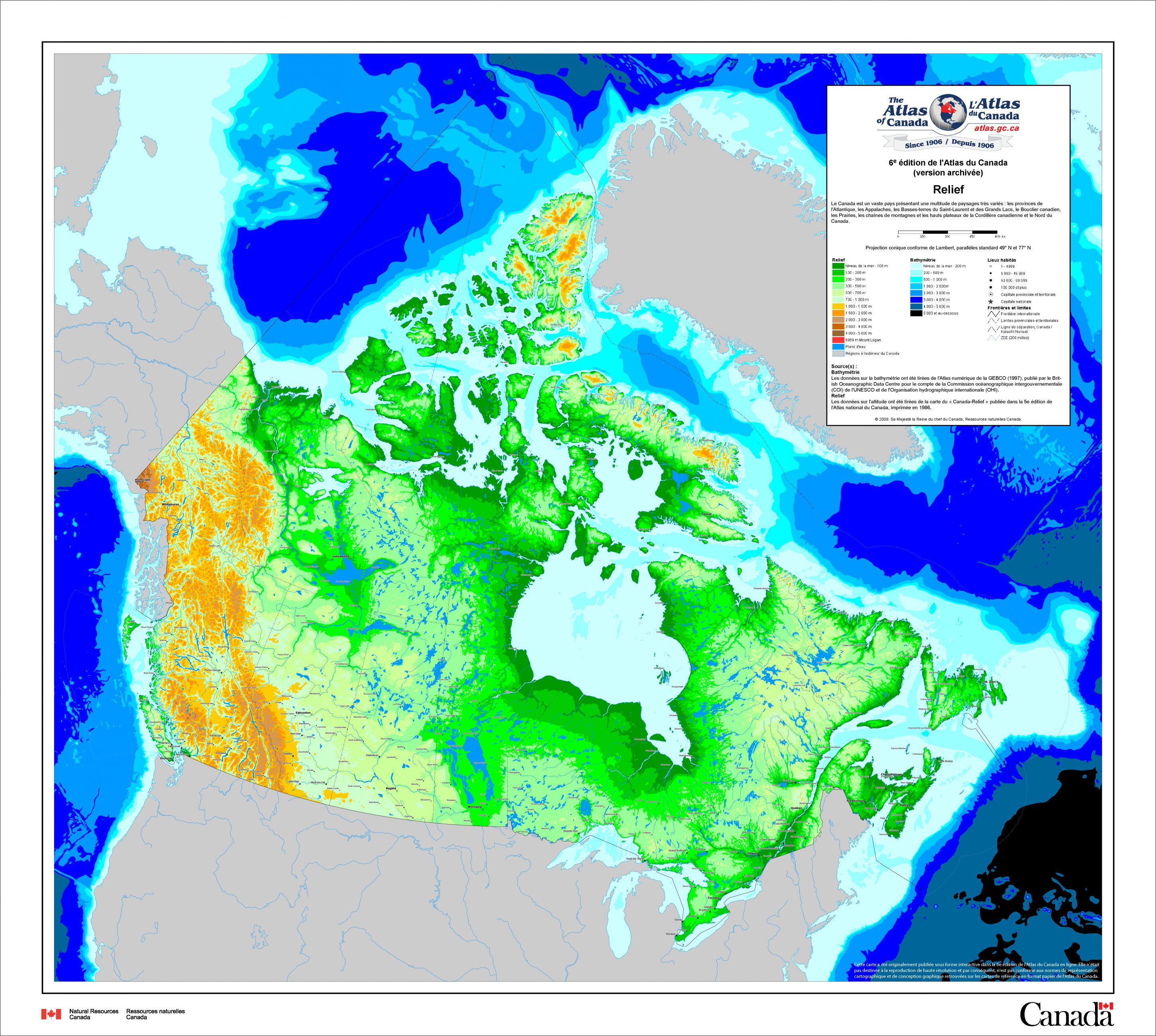 Une carte du Canada montrant une carte en relief