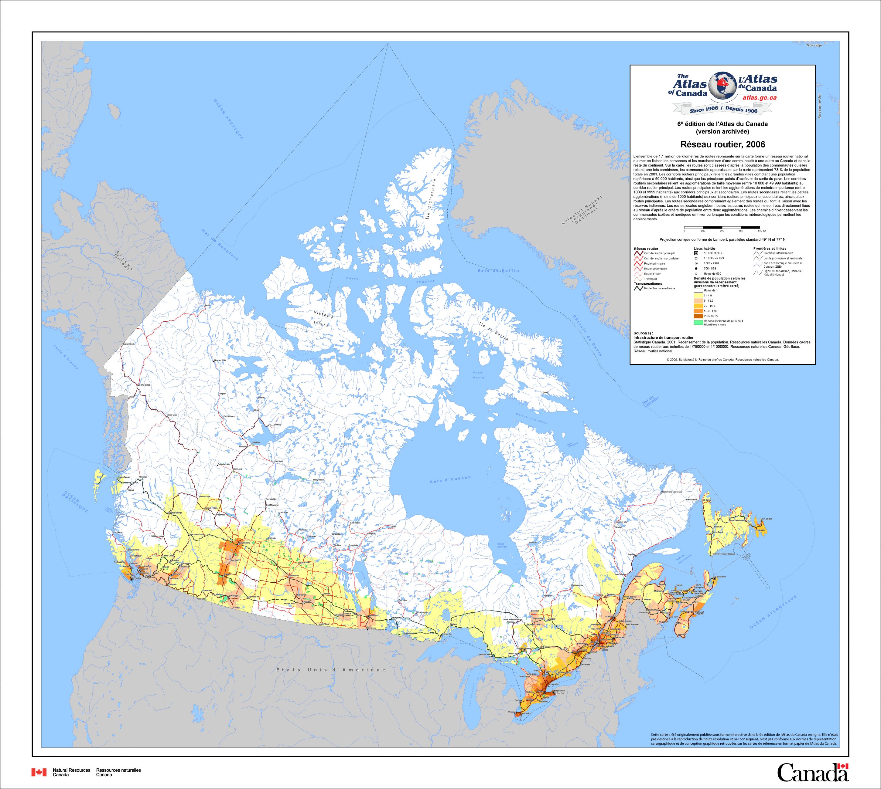 Une carte du réseau routier à travers le Canada.