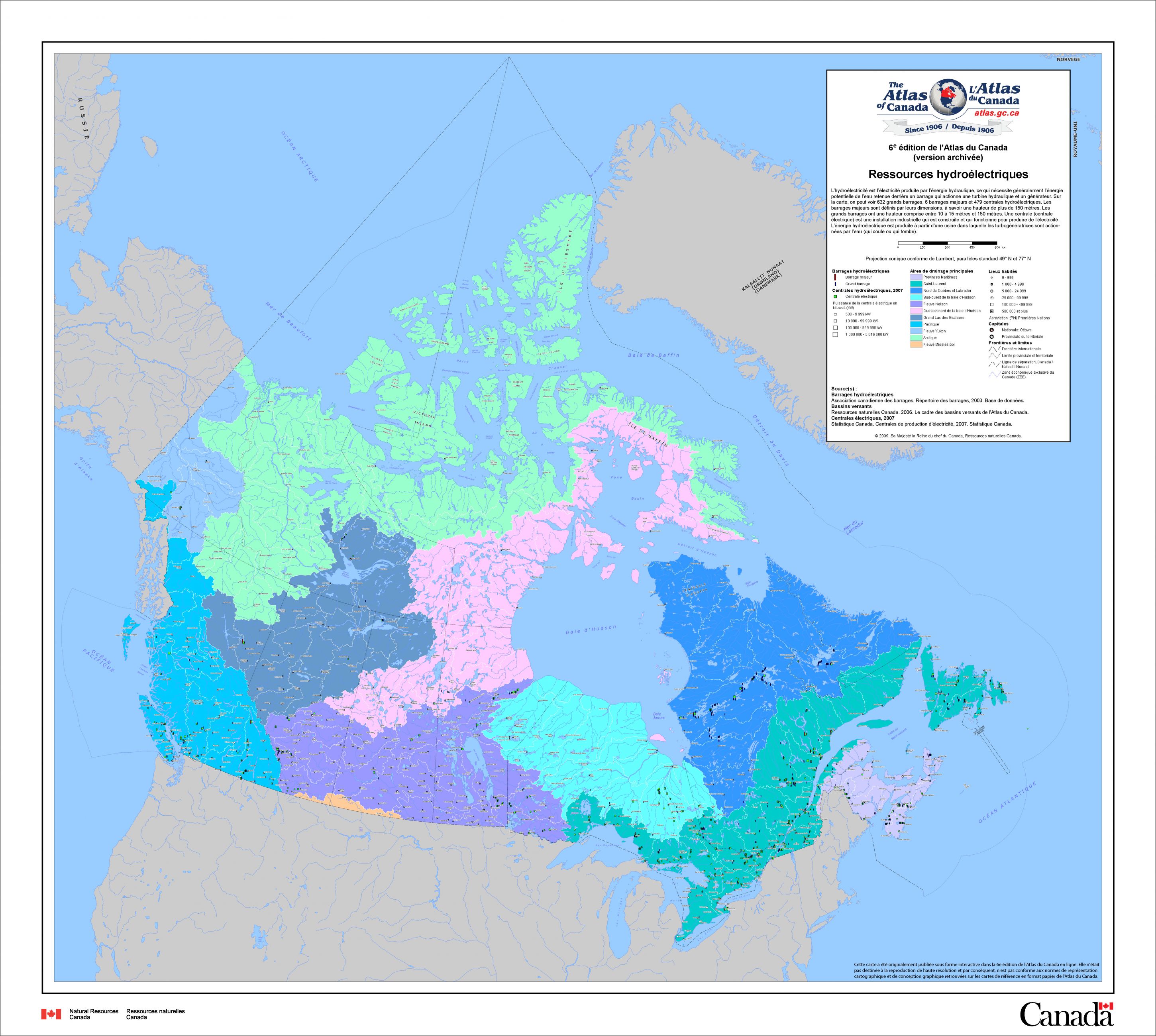 Une carte du Canada montrant les ressources hydroélectriques