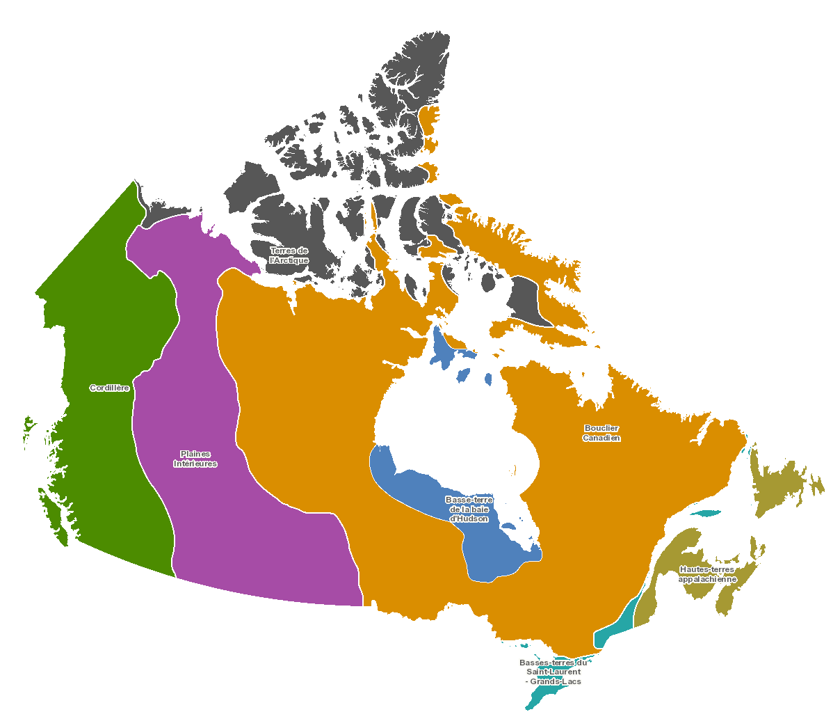 Une carte du Canada montrant les régions physiographiques