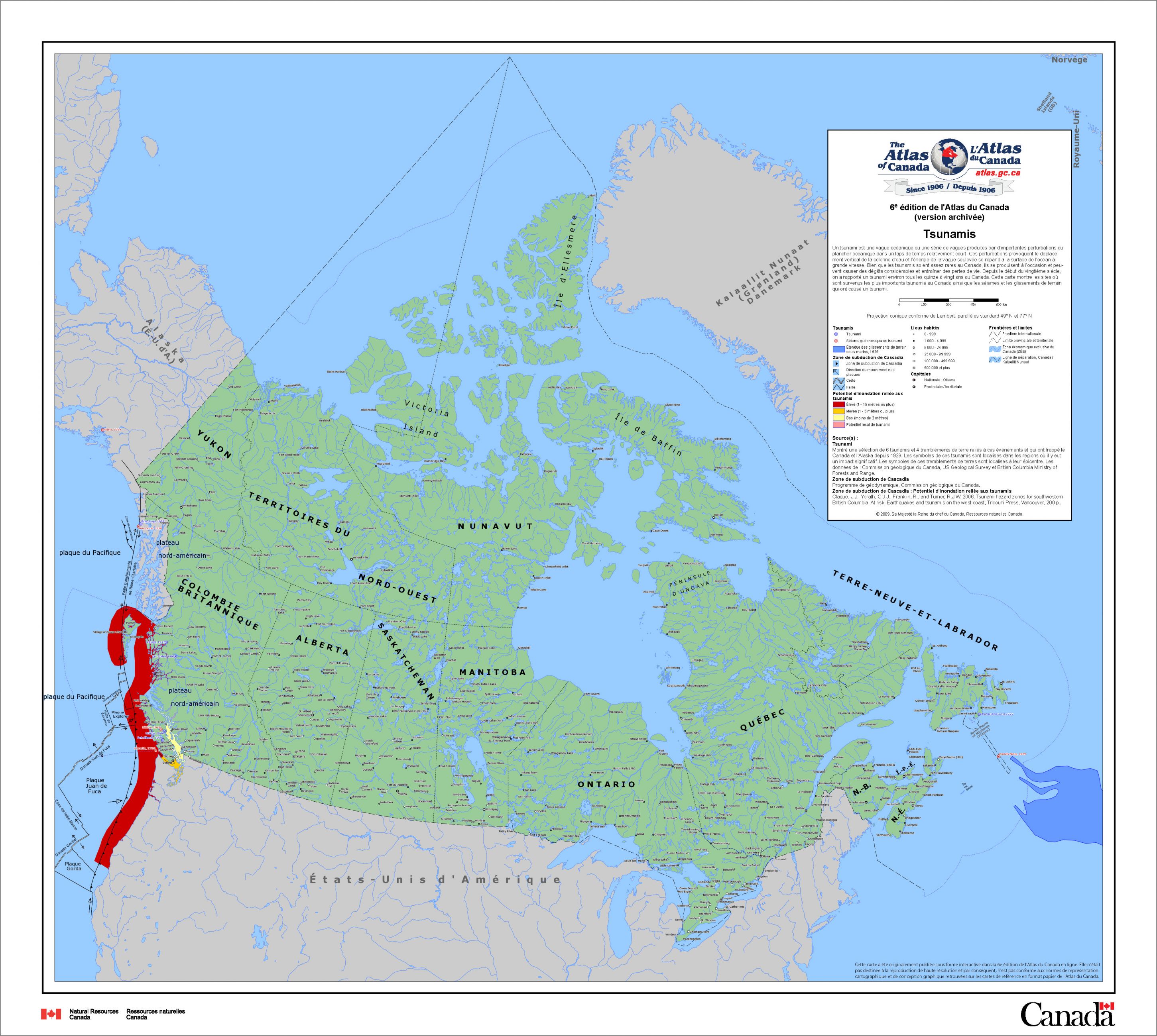 carte du Canada montrant les zones de tsunami