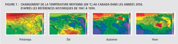 Figure 1 : Changement de la température moyenne (en ˚C) au Canada dans les années 2050, daprès les références historiques de 1961 à 1990.