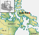 Section de la carte du Canada illustrant le Nunavut et indiquant l'emplacement de Clyde River sur le littoral Nord Est de l'île de Baffin, au Nunavut