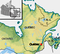 carte illustrant l’emplacement de Québec, au Québec et dans l’Est du Canada