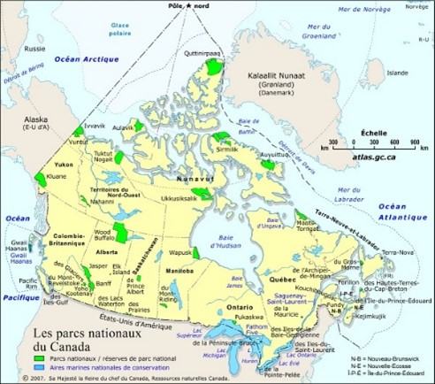 Une carte des parcs nationaux du Canada