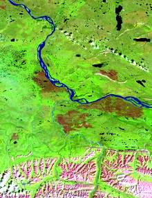 L'image montre une prédominance de vert avec des teintes de bleu visibles dans les cours d'eau chargés de sédiments