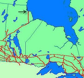 Carte de l’Ontario et du Manitoba montrant les lignes de nivellement qui relie Hudson Bay Railway et Churchill Manitoba.