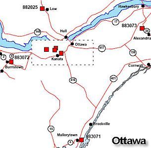 Carte de la région d’Ottawa avec des symboles rouge qui démontre les occupations GPS.