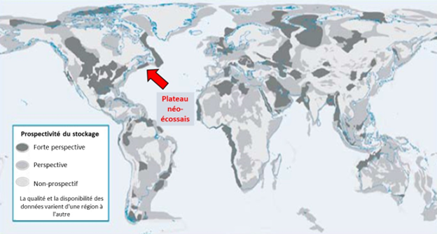 Carte identifiant le bassin néo-écossais comme étant une zone très prometteuse pour le stockage géologique du CO2