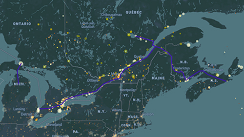 Carte illustrant un concept du réseau de transport du dioxyde de carbone depuis des points situés dans le Sud de l'Ontario et du Québec jusqu'à la Nouvelle-Écosse.