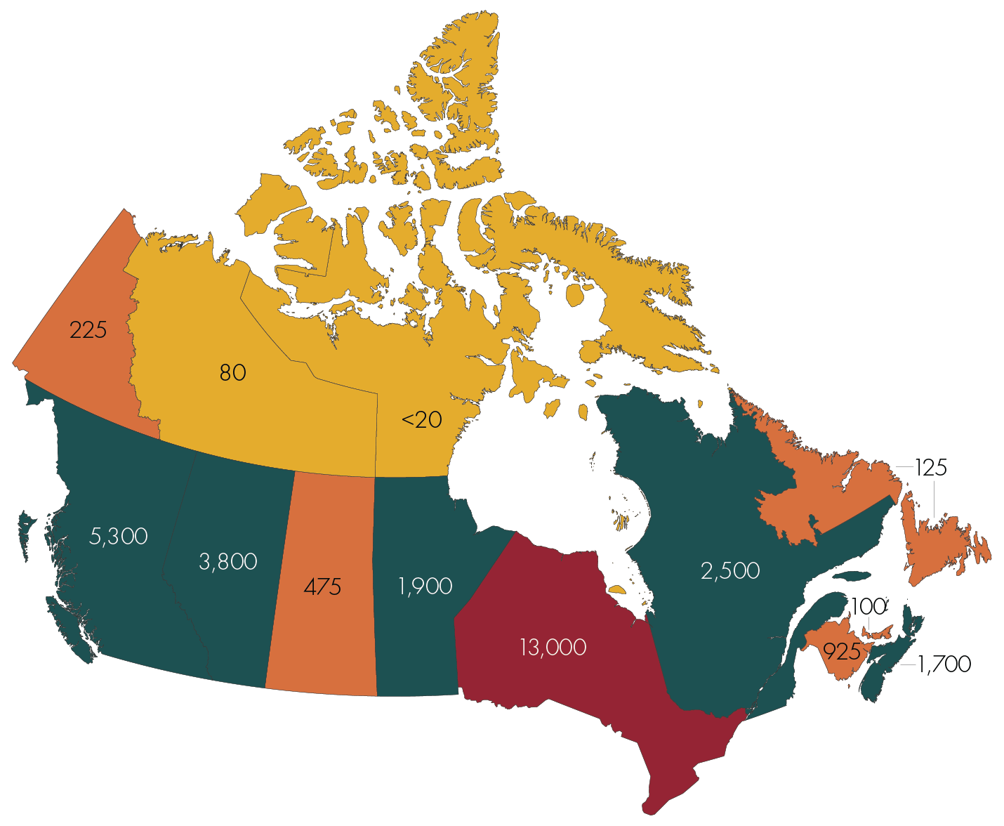 Carte du Canada avec des chiffres affichés sur la province et les territoires