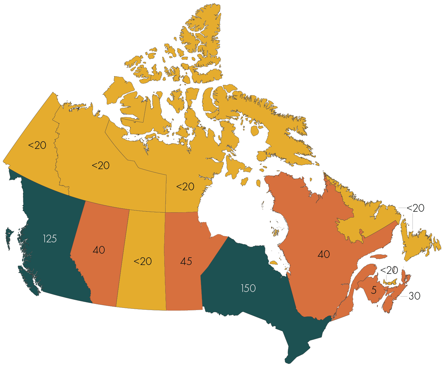 Carte du Canada avec des chiffres affichés sur la province et les territoires