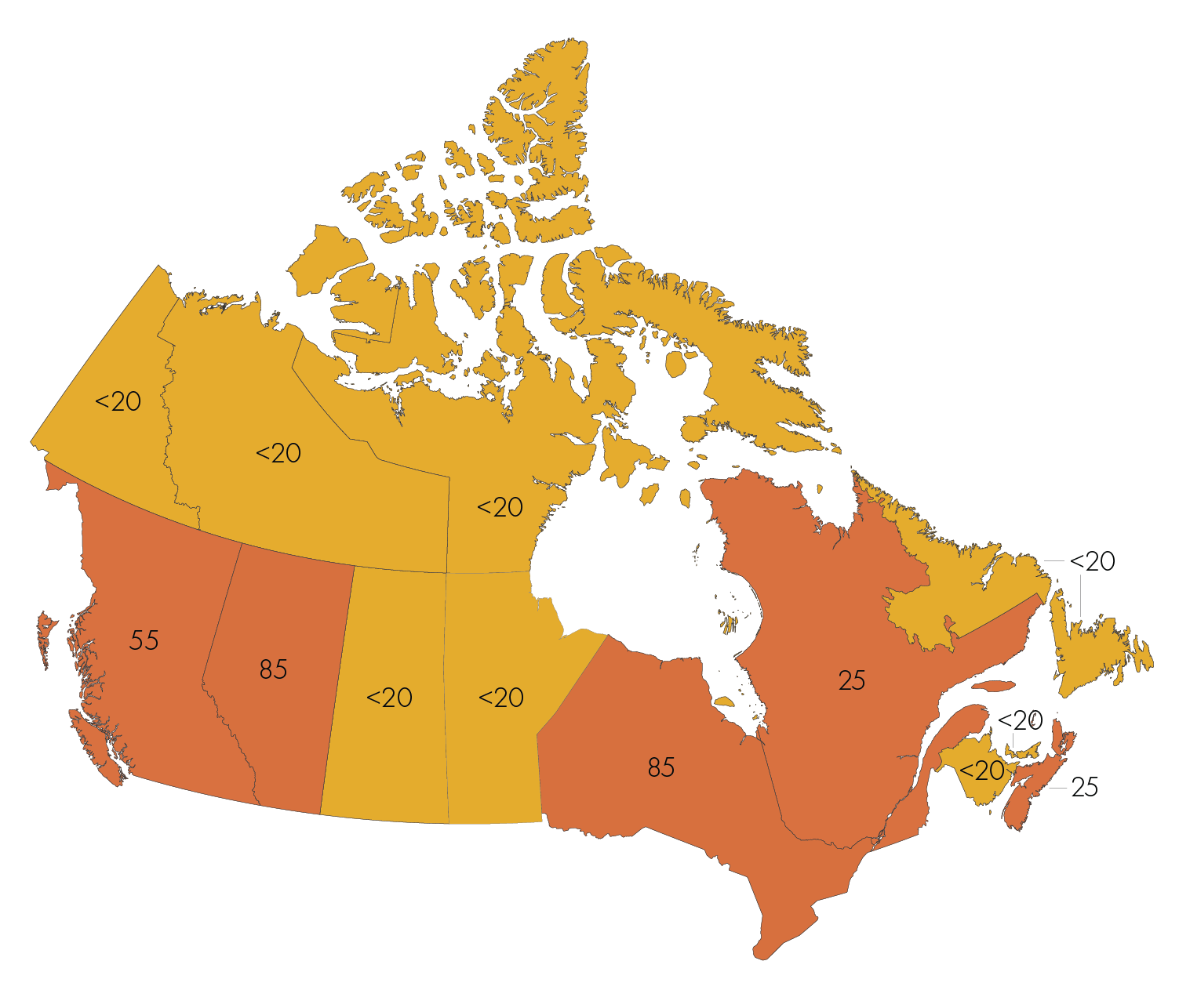 Carte du Canada avec des chiffres affichés sur la province et les territoires