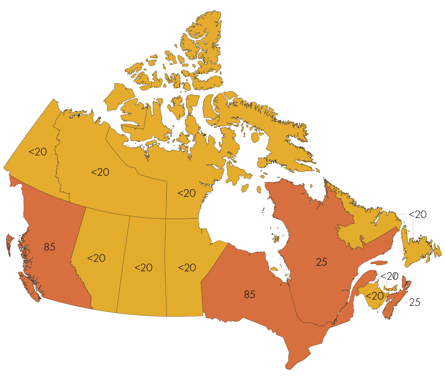 Carte du Canada avec des chiffres affichés sur la province et les territoires