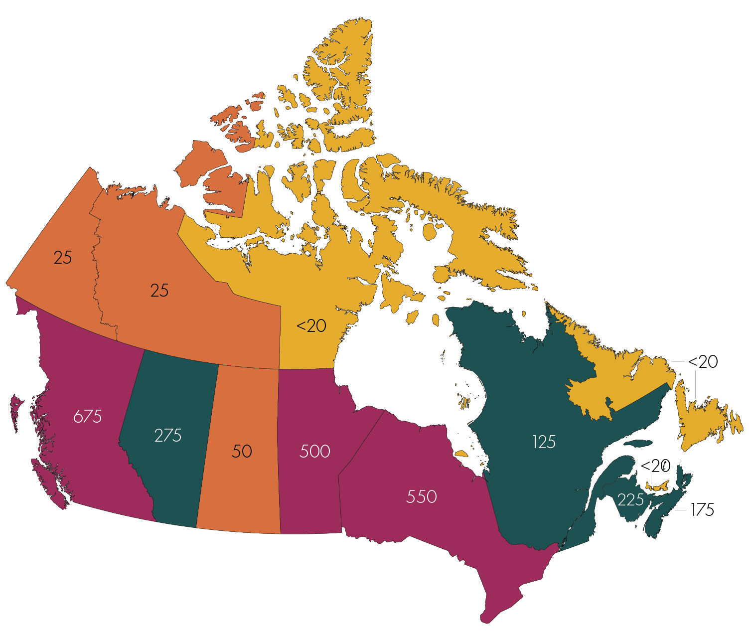 Carte du Canada avec des chiffres affichés sur la province et les territoires