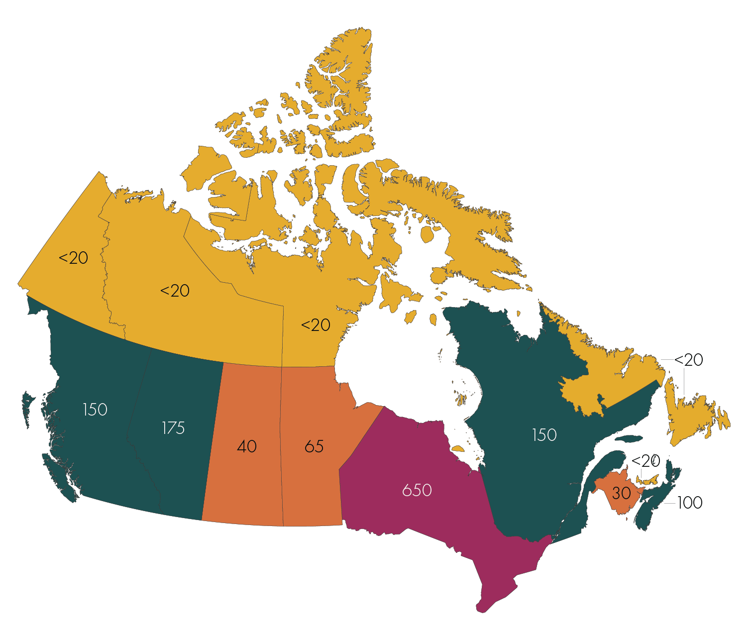 Carte du Canada avec des chiffres affichés sur la province et les territoires