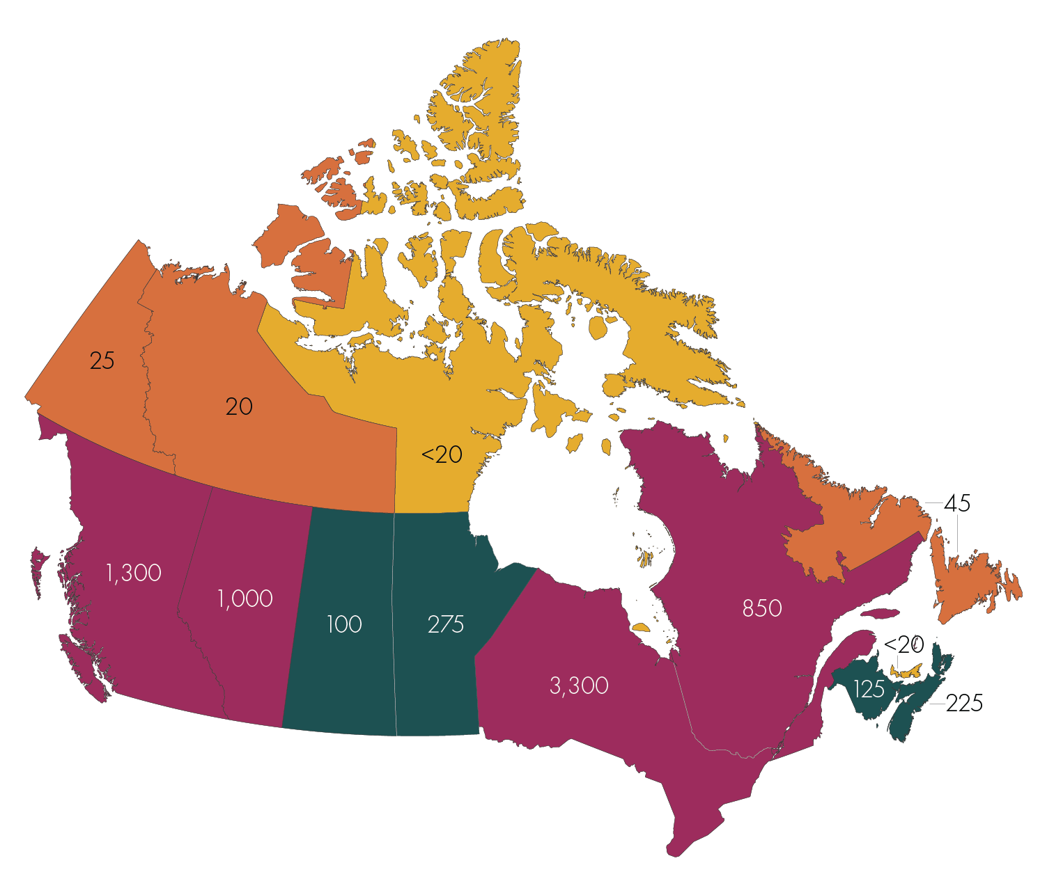 Carte du Canada avec des chiffres affichés sur la province et les territoires