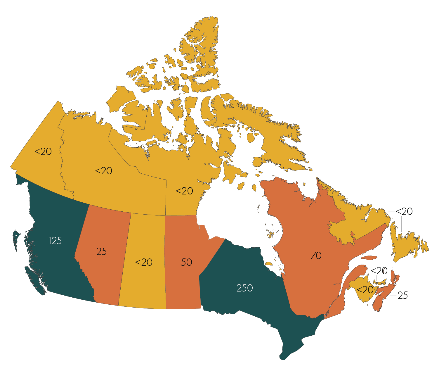 Carte du Canada avec des chiffres affichés sur la province et les territoires