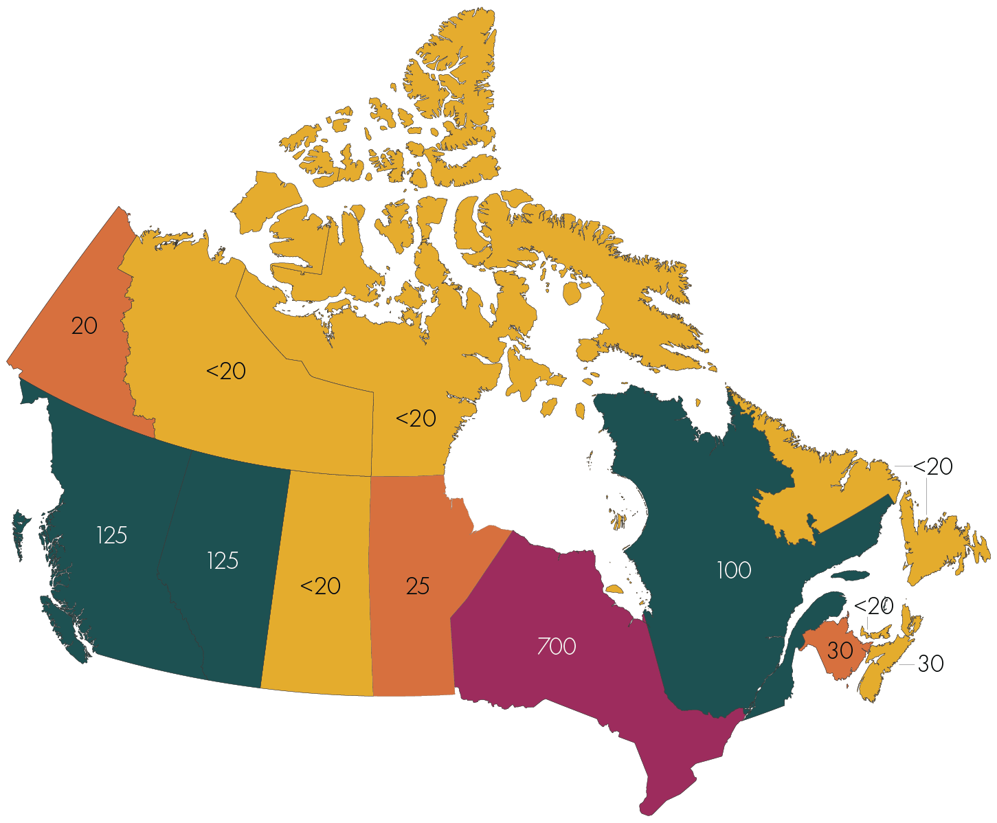 Carte du Canada avec des chiffres affichés sur la province et les territoires