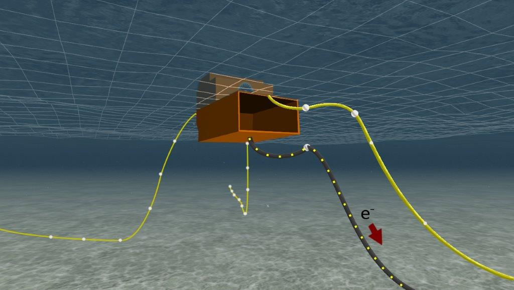 Simulation du ProteusDS du CEV de la colonne d’eau oscillante d’Ocean Energy Ltd, des amarres et du câble permettant d’exporter l’électricité