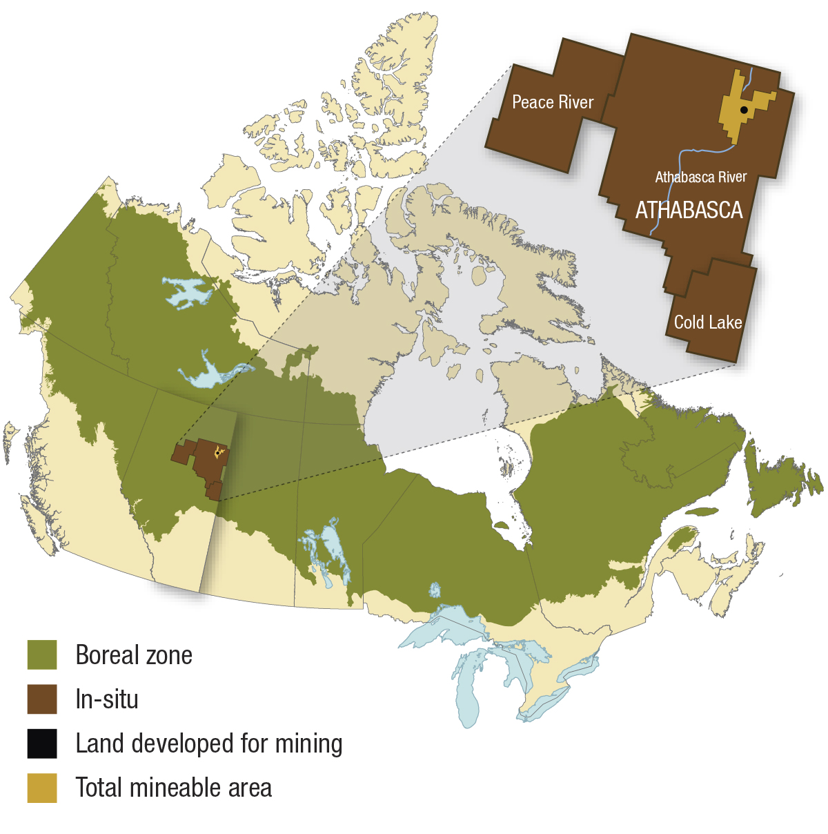 Carte du Canada montrant la zone des sables bitumineux