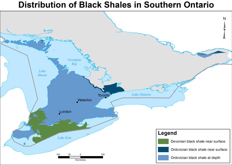 Figure 1 : Carte montrant la localisation du schiste noir dans le sud de l’Ontario.