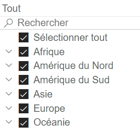  menu des options de filtrage, y compris le champ Recherche et les options